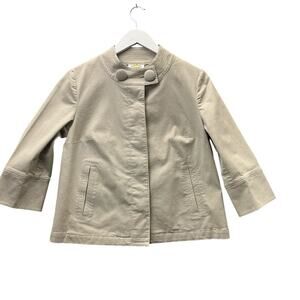 Talbots Blazer Jacket Collarless Brown Cream Crop Women's Petite Sz SmallButton